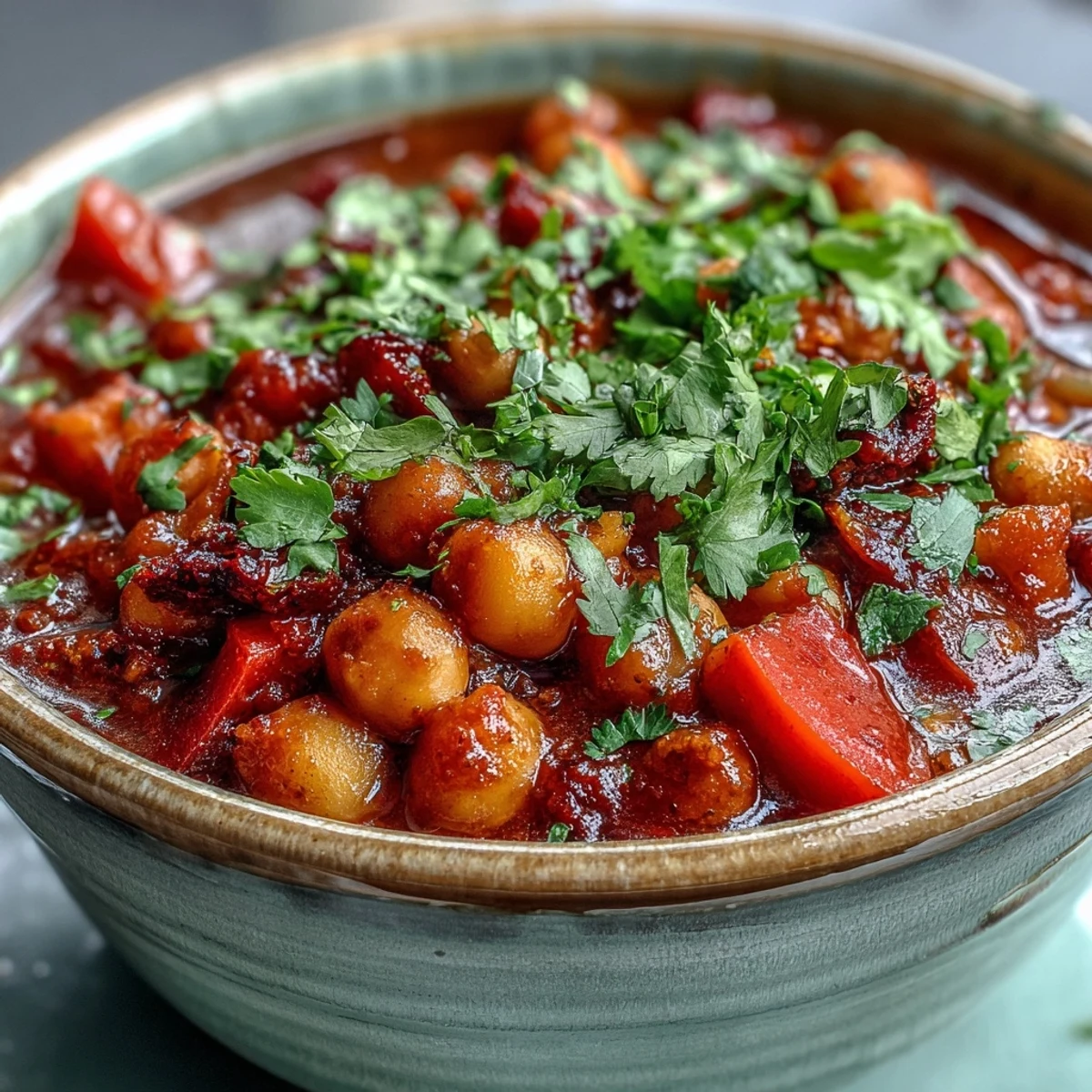 Steamy Spicy Chickpea Stew in a rustic bowl, garnished with fresh cilantro and lemon wedges, served alongside crusty artisan bread.