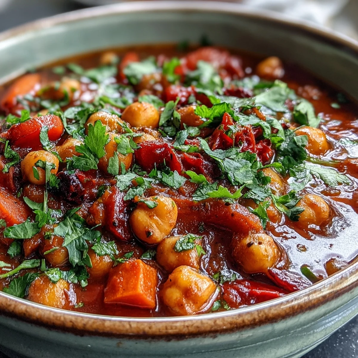 Hearty Spicy Chickpea Stew simmering in a pot, showcasing tender chickpeas, vibrant diced vegetables, and aromatic spices like smoked paprika.