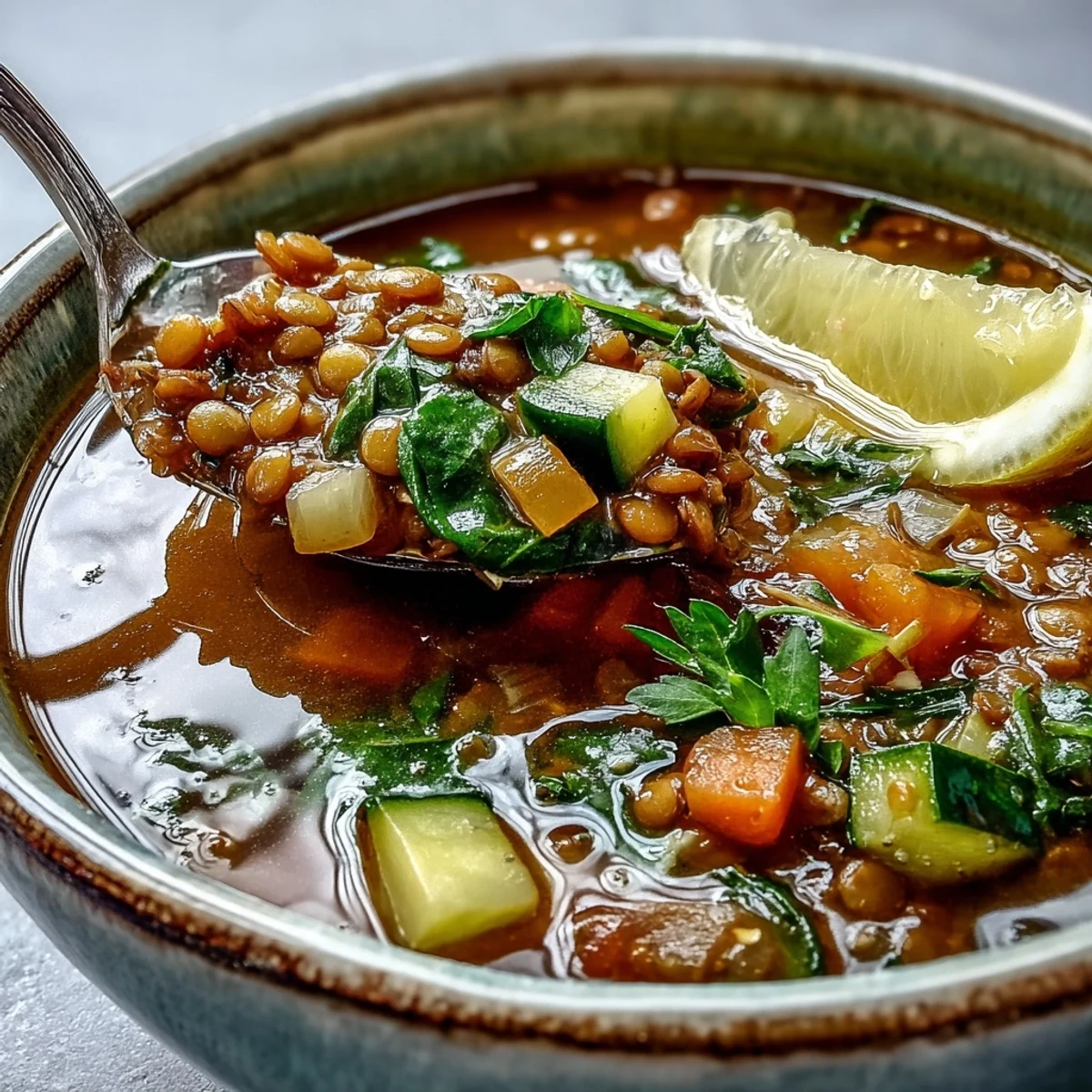 Hearty bowl of Lentil Soup with vibrant carrots, celery, and wilted greens, garnished with fresh parsley and lemon.