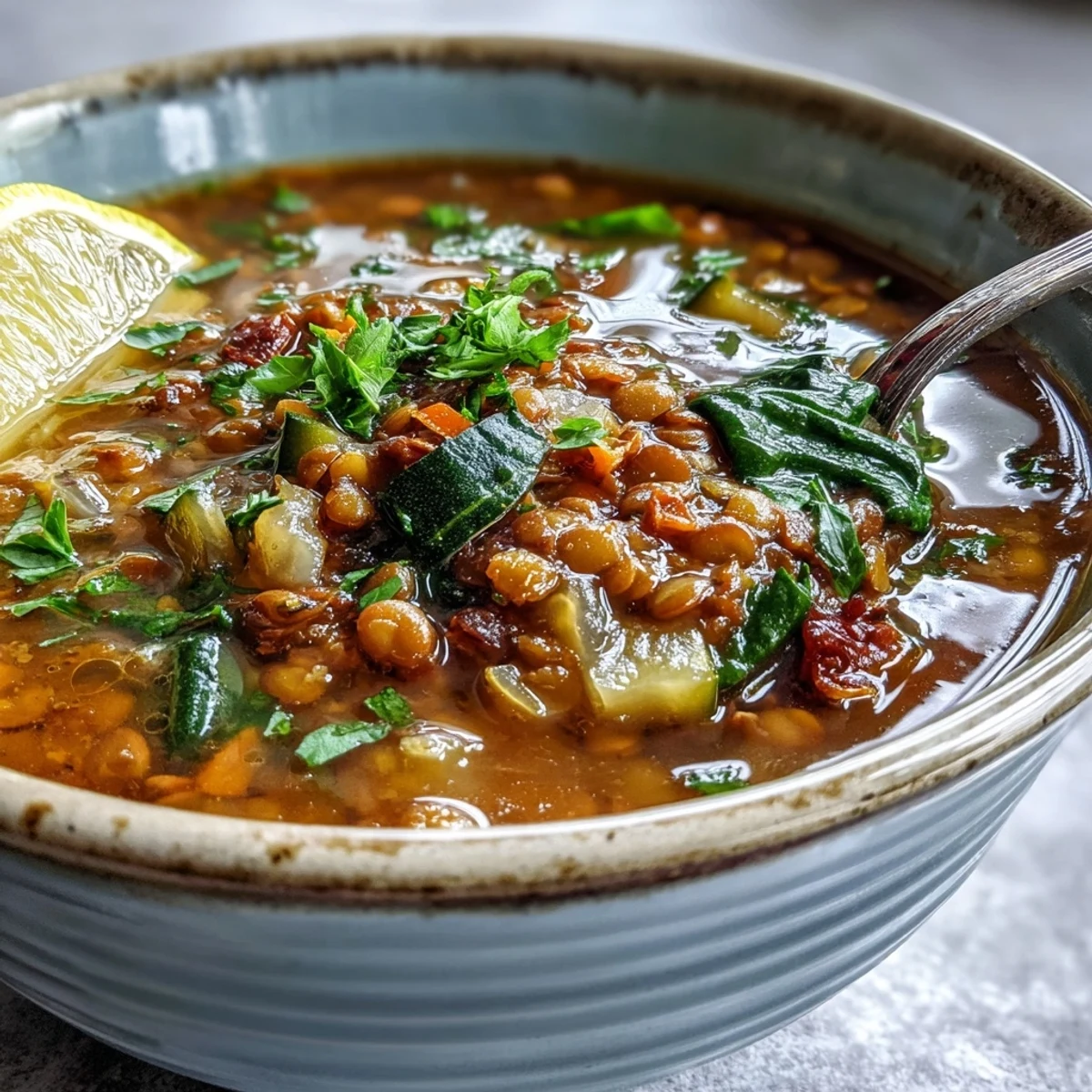 Close-up of Lentil Soup served in a rustic bowl, showcasing its rich texture, perfect with a side of crusty bread.