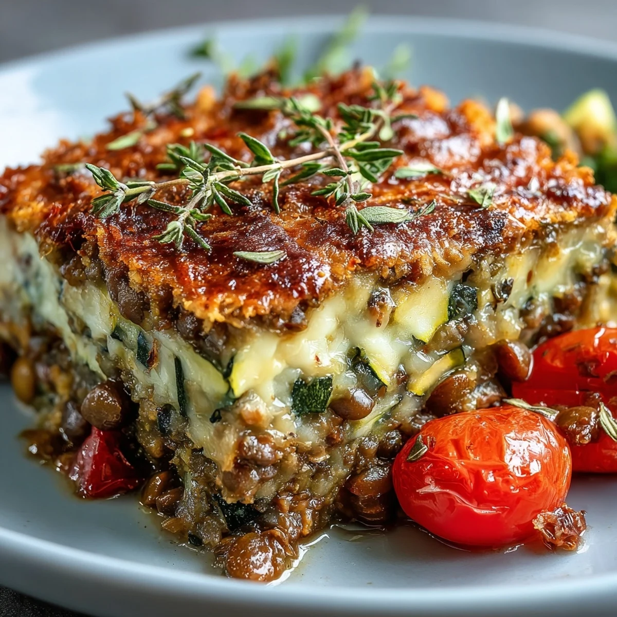Golden-brown Green Lentil and Vegetable Casserole fresh from the oven, bubbling with sautéed carrots and zucchini.
