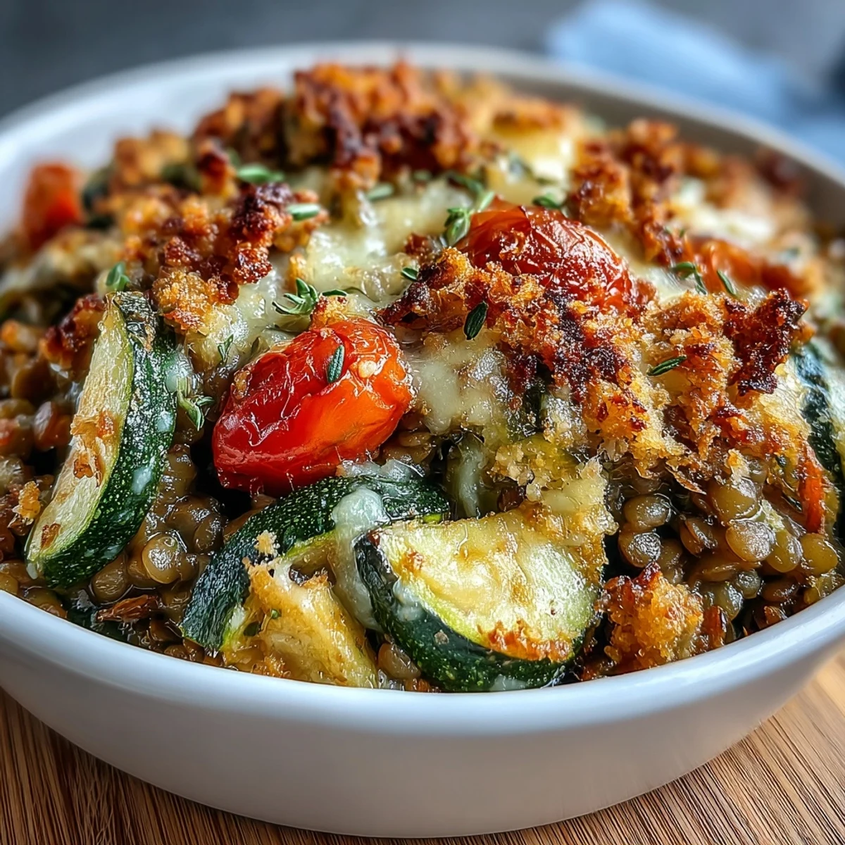 Freshly baked Green Lentil and Vegetable Casserole with a crispy Parmesan and breadcrumb topping, served hot.