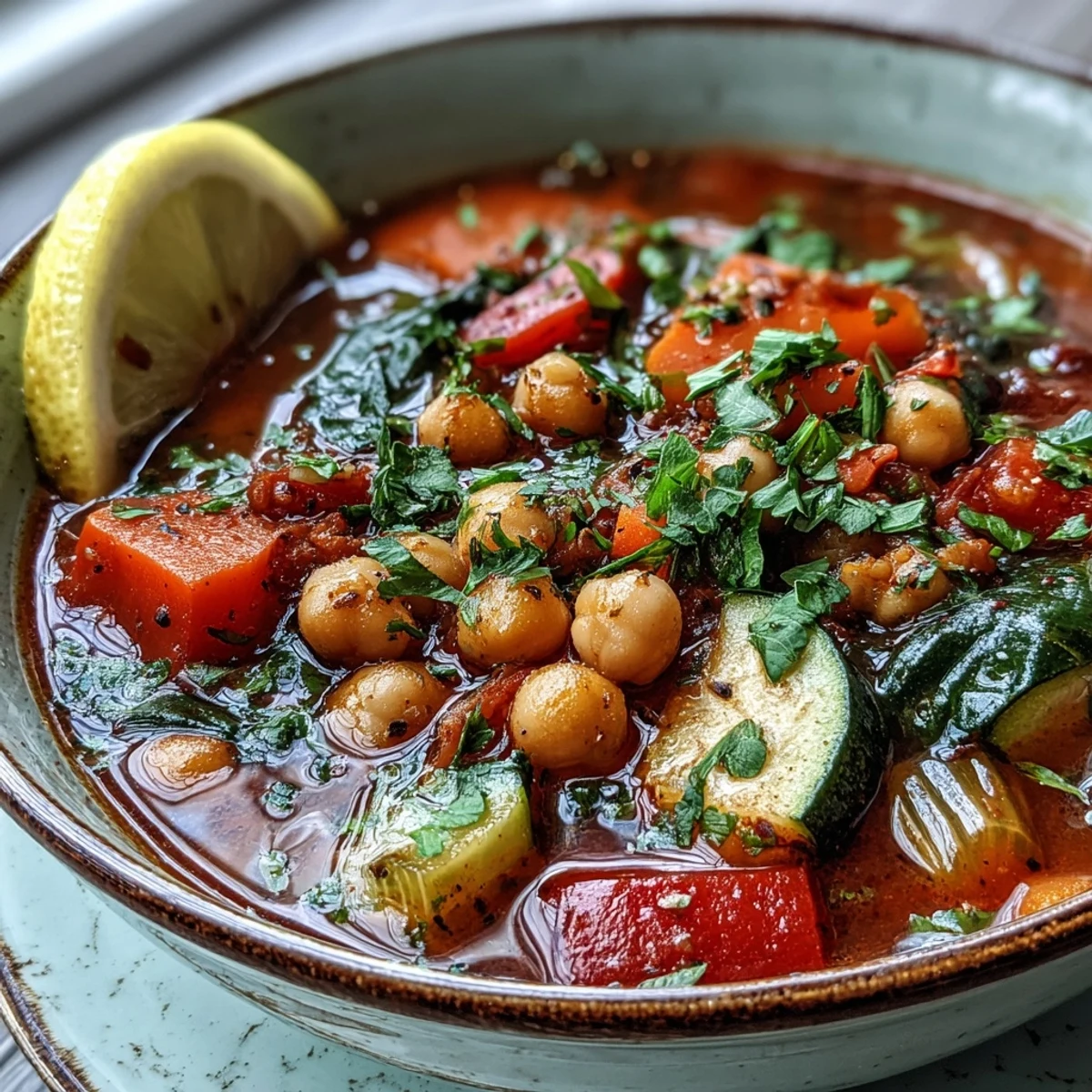 Hearty and healthy Chickpea Stew in a white bowl, garnished with fresh herbs and a lemon wedge, ready to be enjoyed with crusty bread.