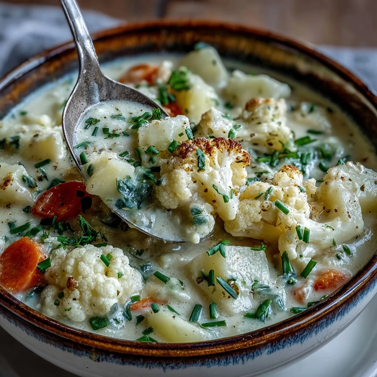 Steaming pot of Vegetarian Cauliflower Chowder with tender potatoes, carrots, and spices, ready to be served for a cozy meal.