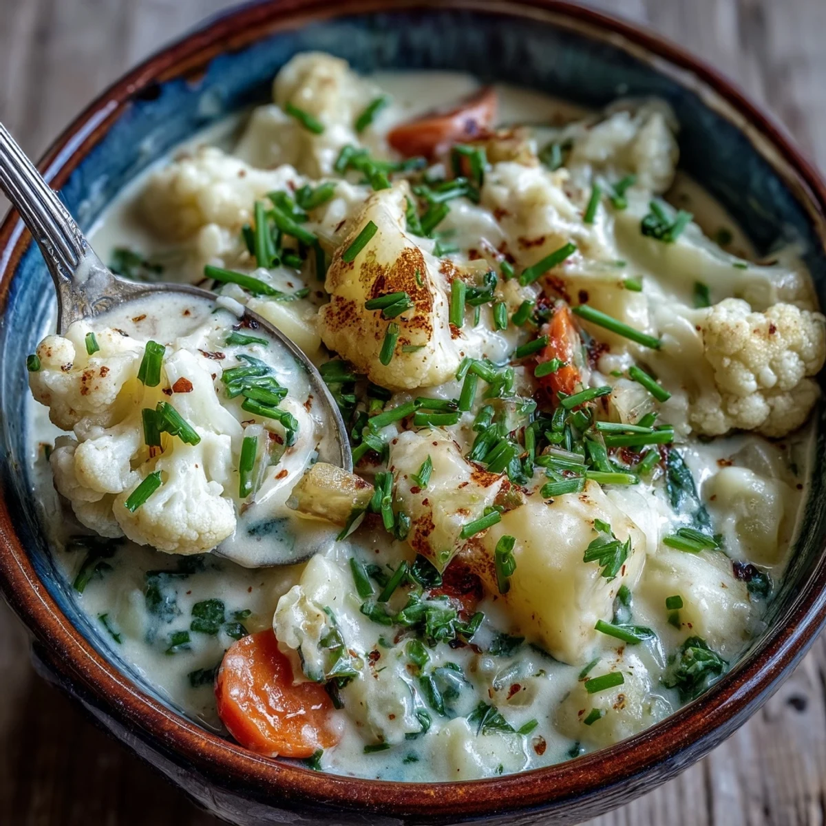 A close-up of rich Vegetarian Cauliflower Chowder with a swirl of cream and fresh herbs, perfect for a comforting dinner.