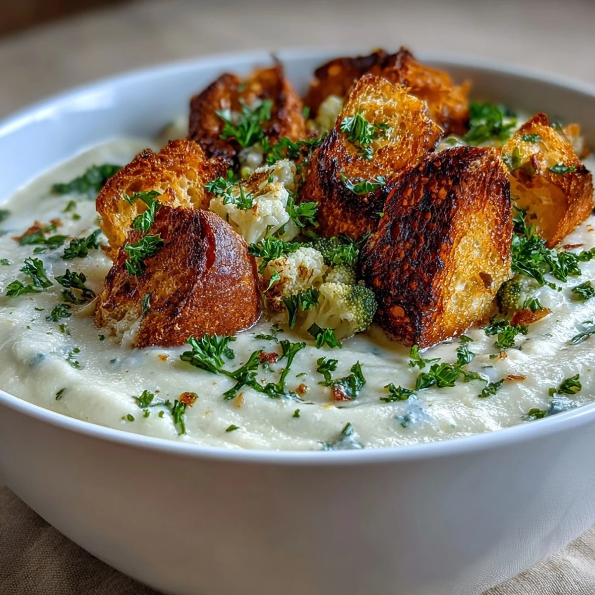 Creamy Cauliflower and Broccoli Soup garnished with golden croutons and fresh parsley served in a rustic bowl.