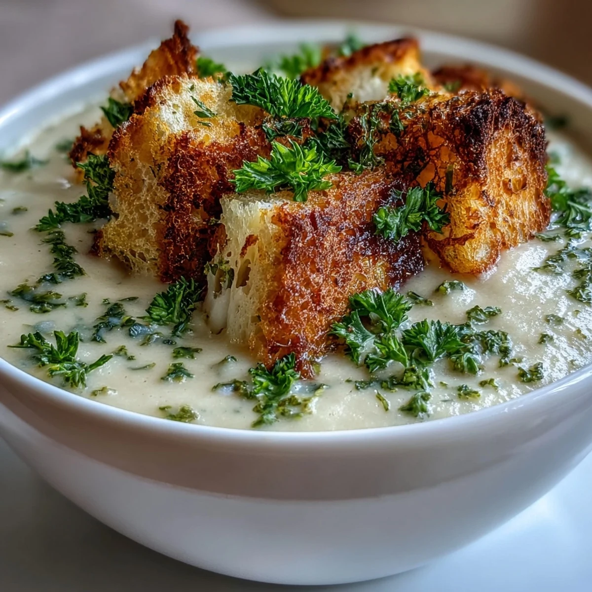 Cozy bowl of Cauliflower and Broccoli Soup with cheesy croutons, perfect for chilly evenings and easy weeknight dinners.