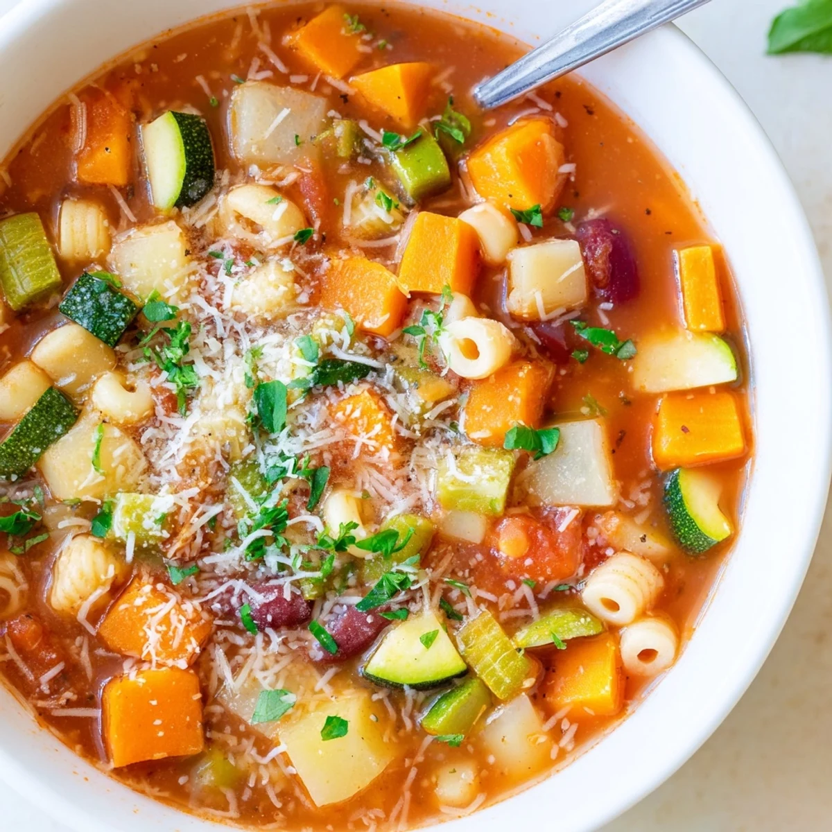 A warm bowl of Minestrone Vegetable Soup garnished with Parmesan and fresh parsley, ready to serve with crusty Italian bread.  