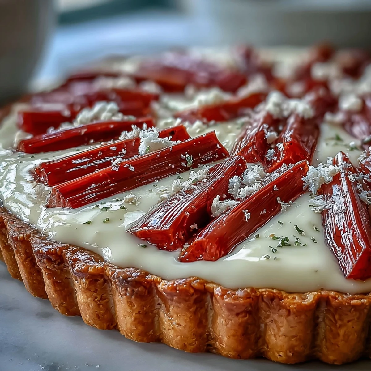 Freshly roasted rhubarb batons garnish this creamy white chocolate and elderflower tart, sliced for serving.  