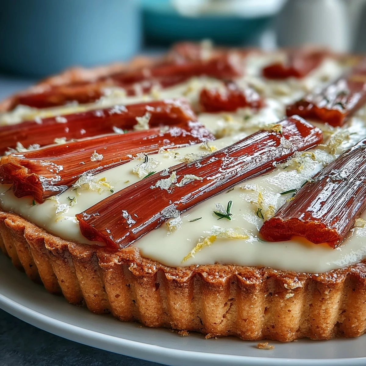 A slice of rhubarb white chocolate and elderflower tart reveals golden crust and custard layers.  