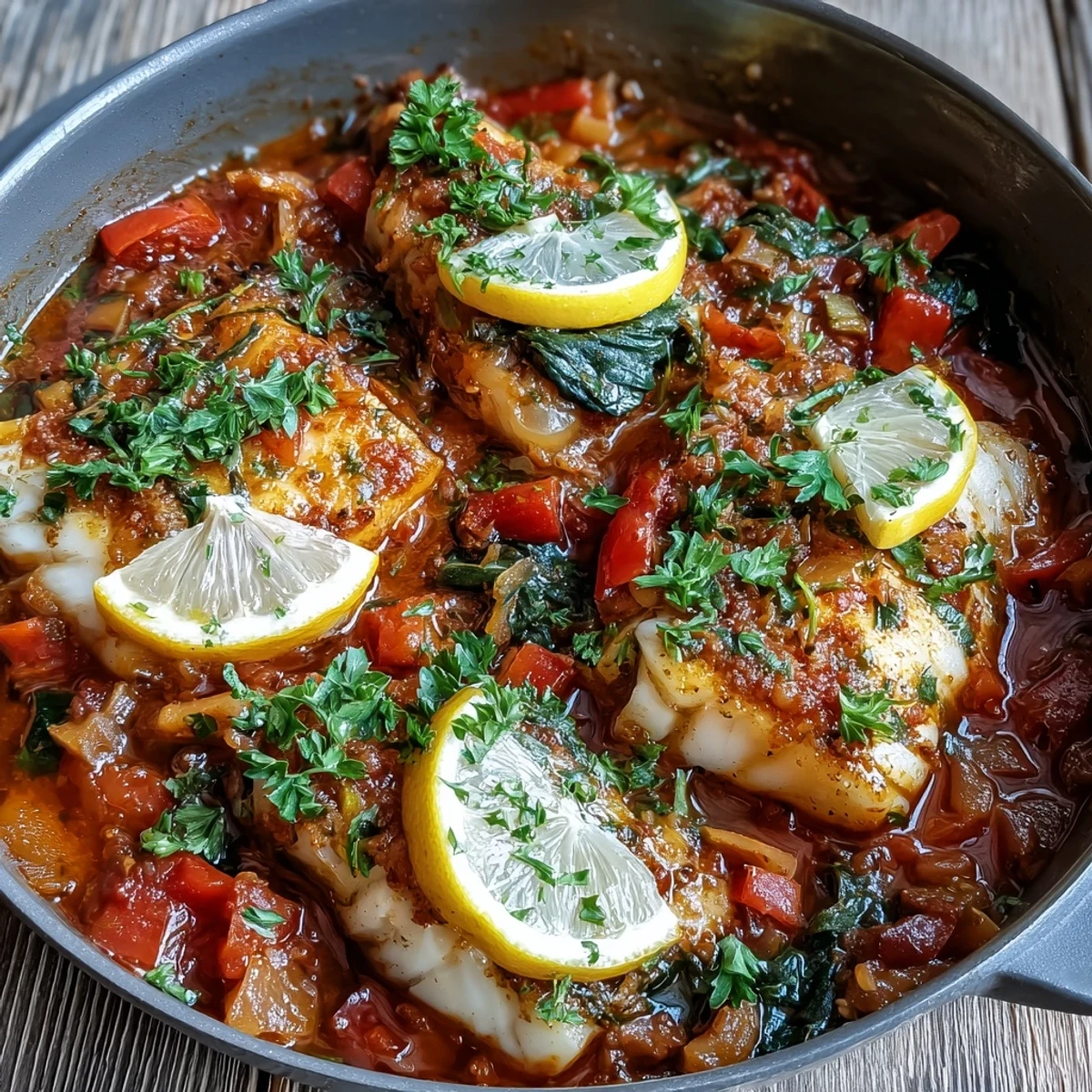 A close-up of Spiced Cod One Pot simmering in a Dutch oven with colorful peppers and a rich, aromatic tomato broth.