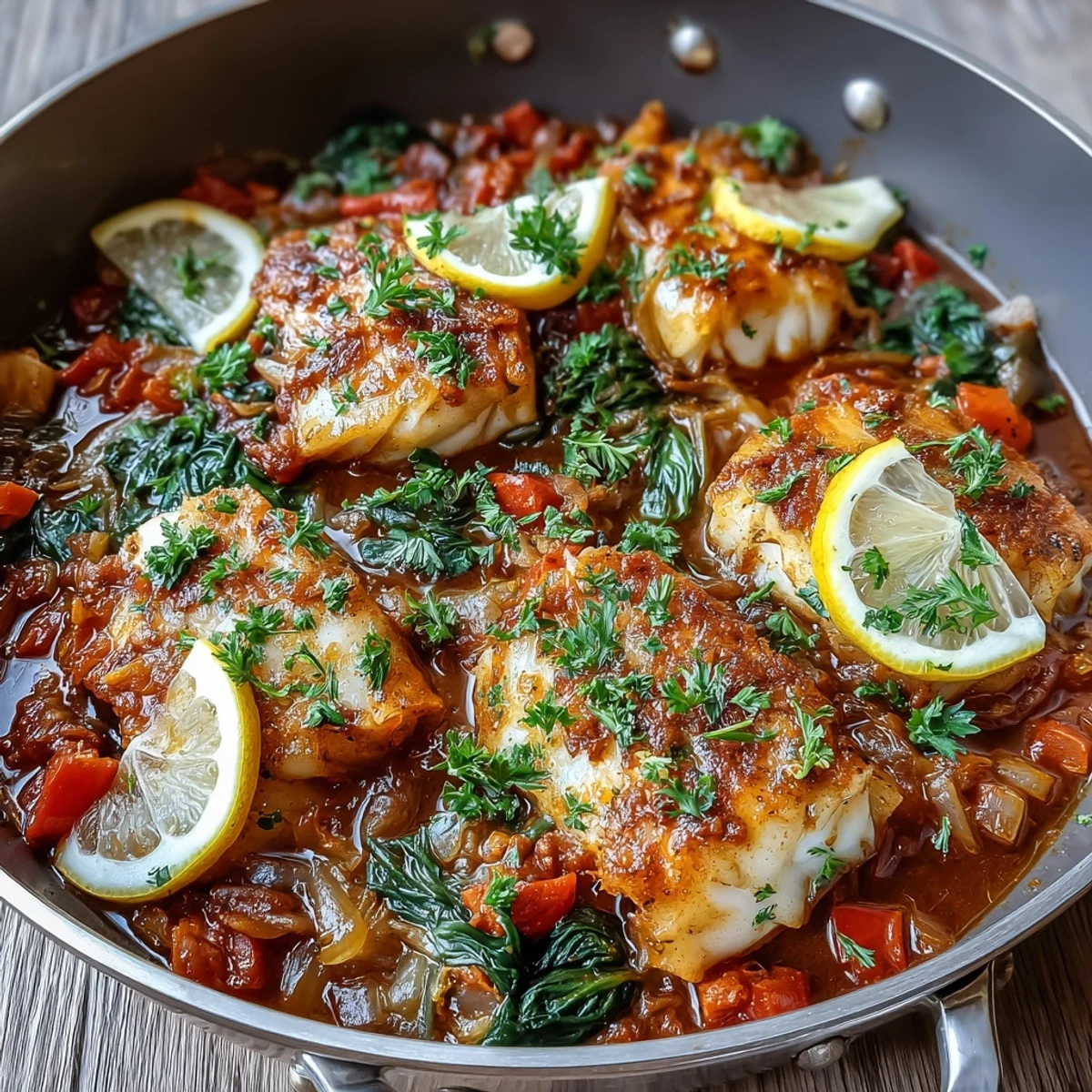 Tender flaked Spiced Cod One Pot served in a white bowl, garnished with cilantro and lemon wedges over steamed rice.