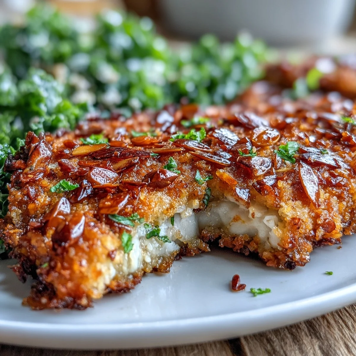 Crispy almond-crusted chicken breasts rest beside a vibrant kale salad with cherry tomatoes and sumac.