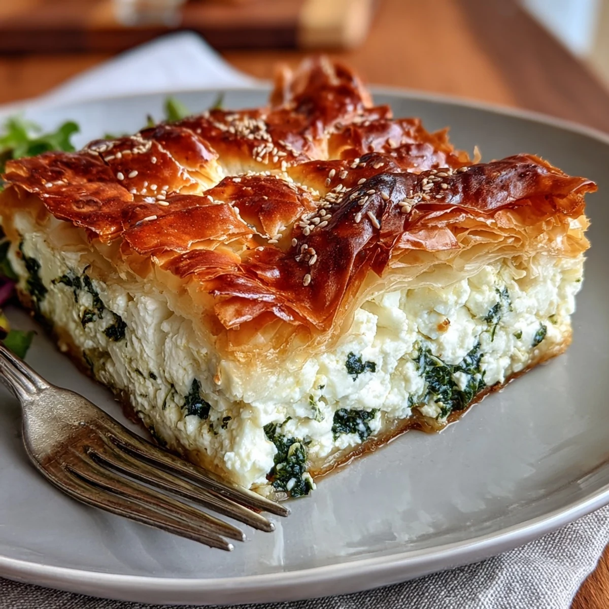 Flaky, olive-oil brushed layers of Feta and Kale Börek are ready to be served.