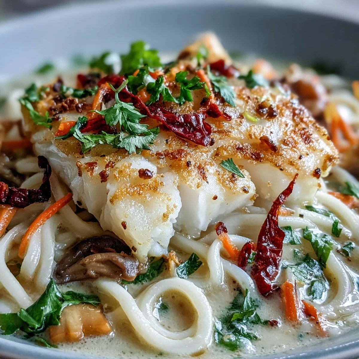 Poached Cod With Spiced Coconut Broth and Udon Noodles is garnished with fresh cilantro and green onions in a creamy, aromatic broth.
