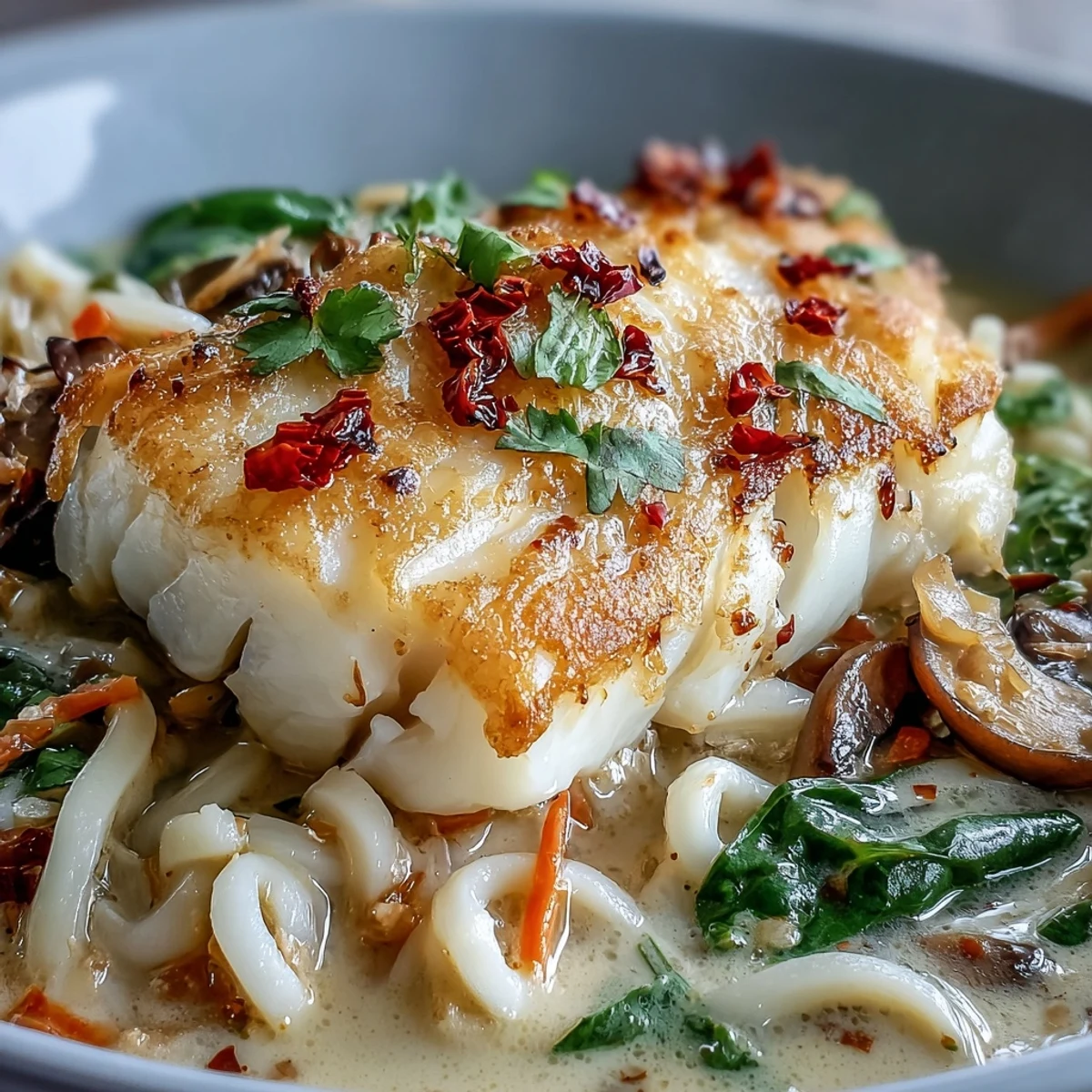 Silky udon noodles and tender poached cod rest in a vibrant spiced coconut broth with julienned carrots and mushrooms.