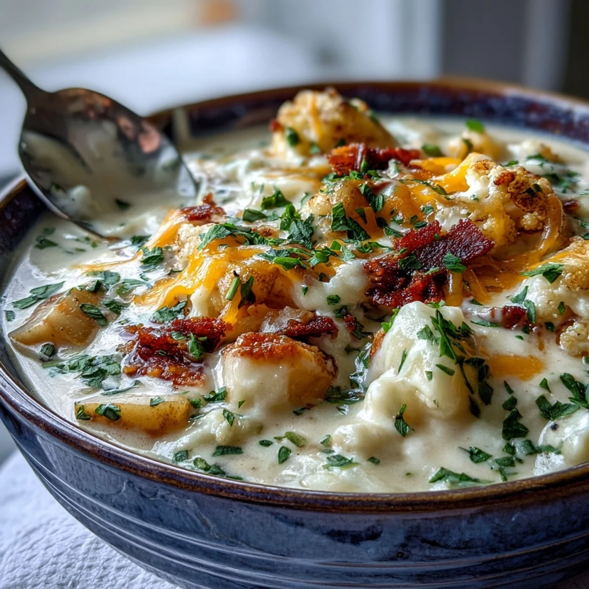 Creamy Vegetarian Cauliflower Chowder with melted cheddar, tender potatoes, and carrots, served steaming in a rustic bowl.