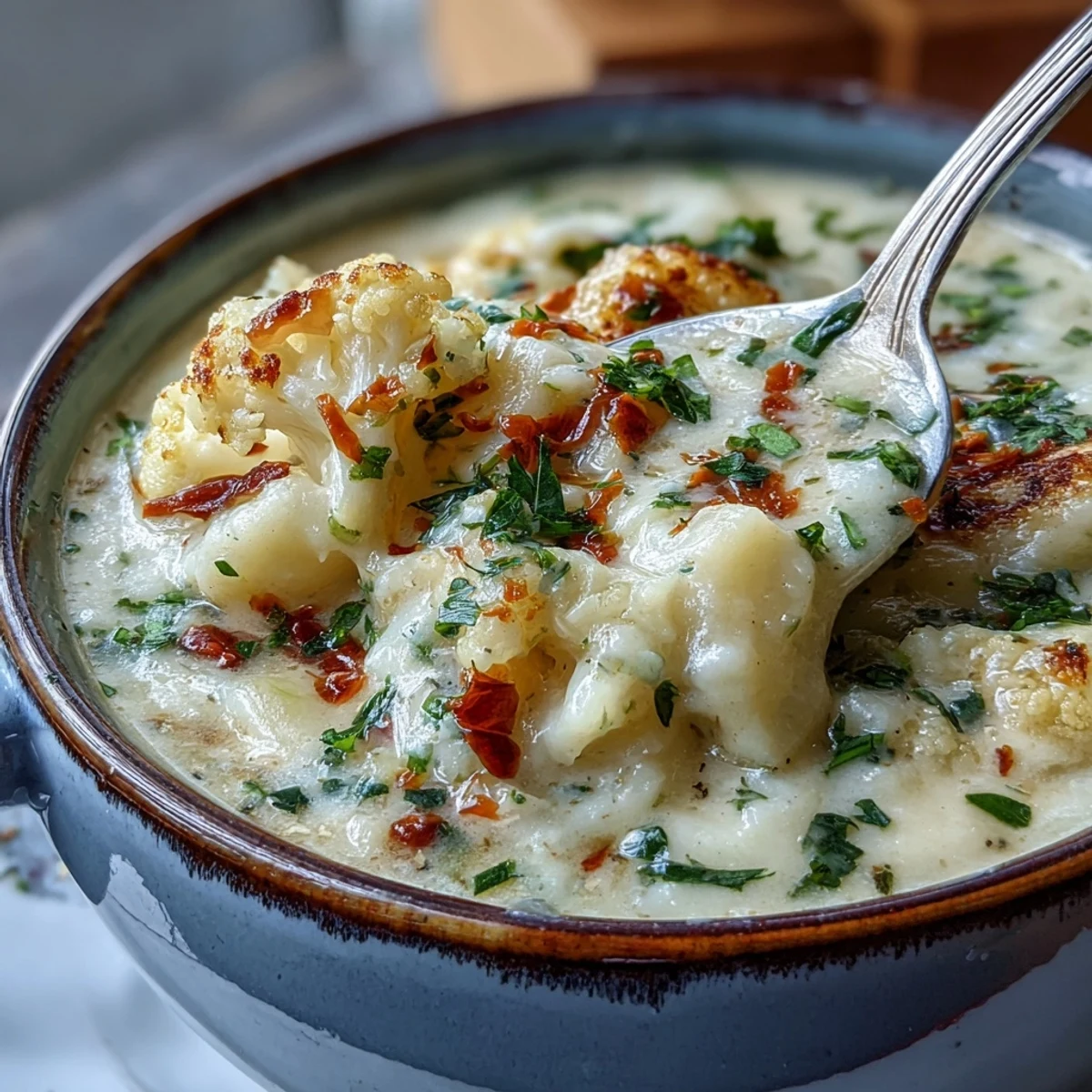Vegetarian Cauliflower Chowder garnished with fresh parsley and crushed red pepper, alongside crusty bread for dipping.