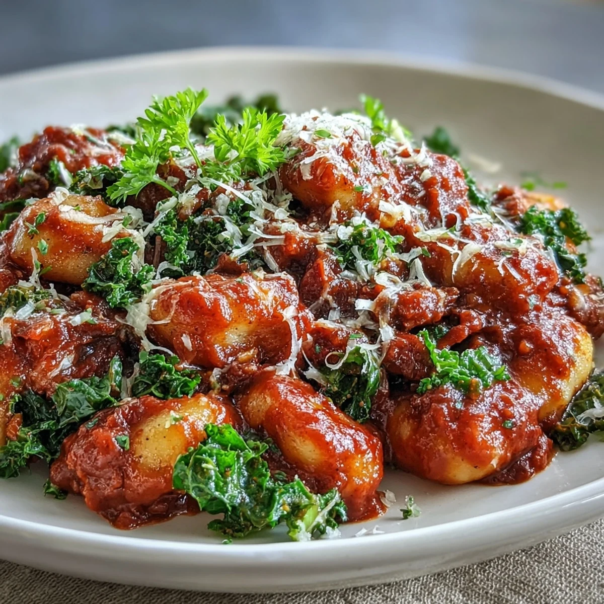 Gnocchi tossed with spicy Italian sausage and wilted kale in a rich tomato sauce, served hot with Parmesan.  