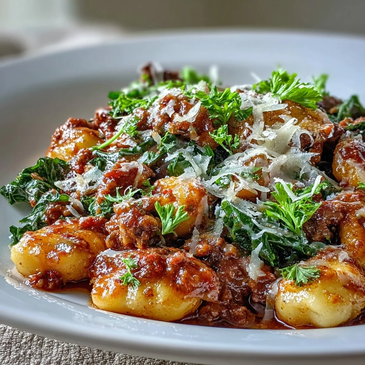 Plated Sausage Gnocchi with Kale, featuring tender gnocchi and savory sausage in a robust, steamy sauce.