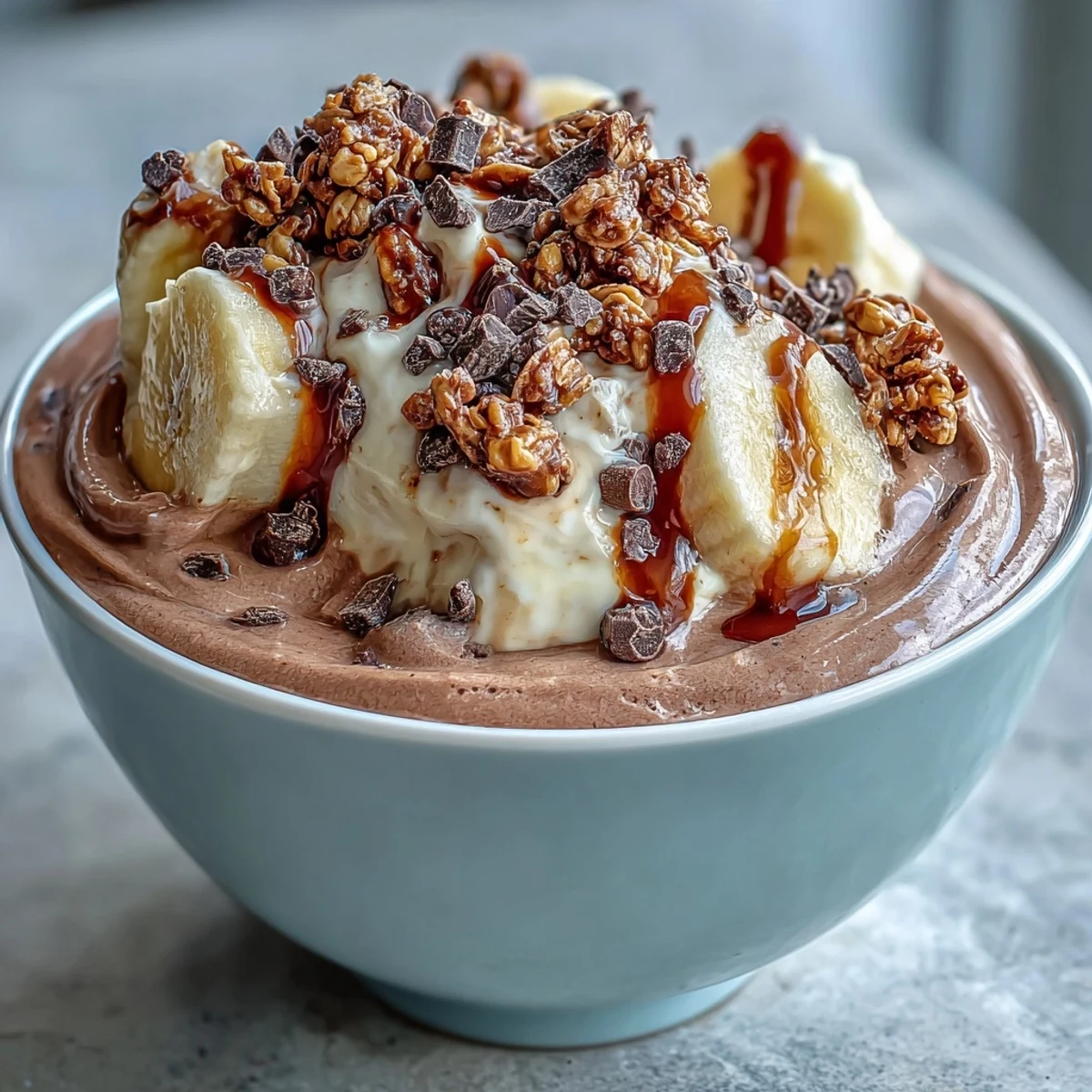 A vibrant Chocolate Peanut Butter Smoothie Bowl topped with fresh banana slices, crunchy granola, and a rich peanut butter drizzle.