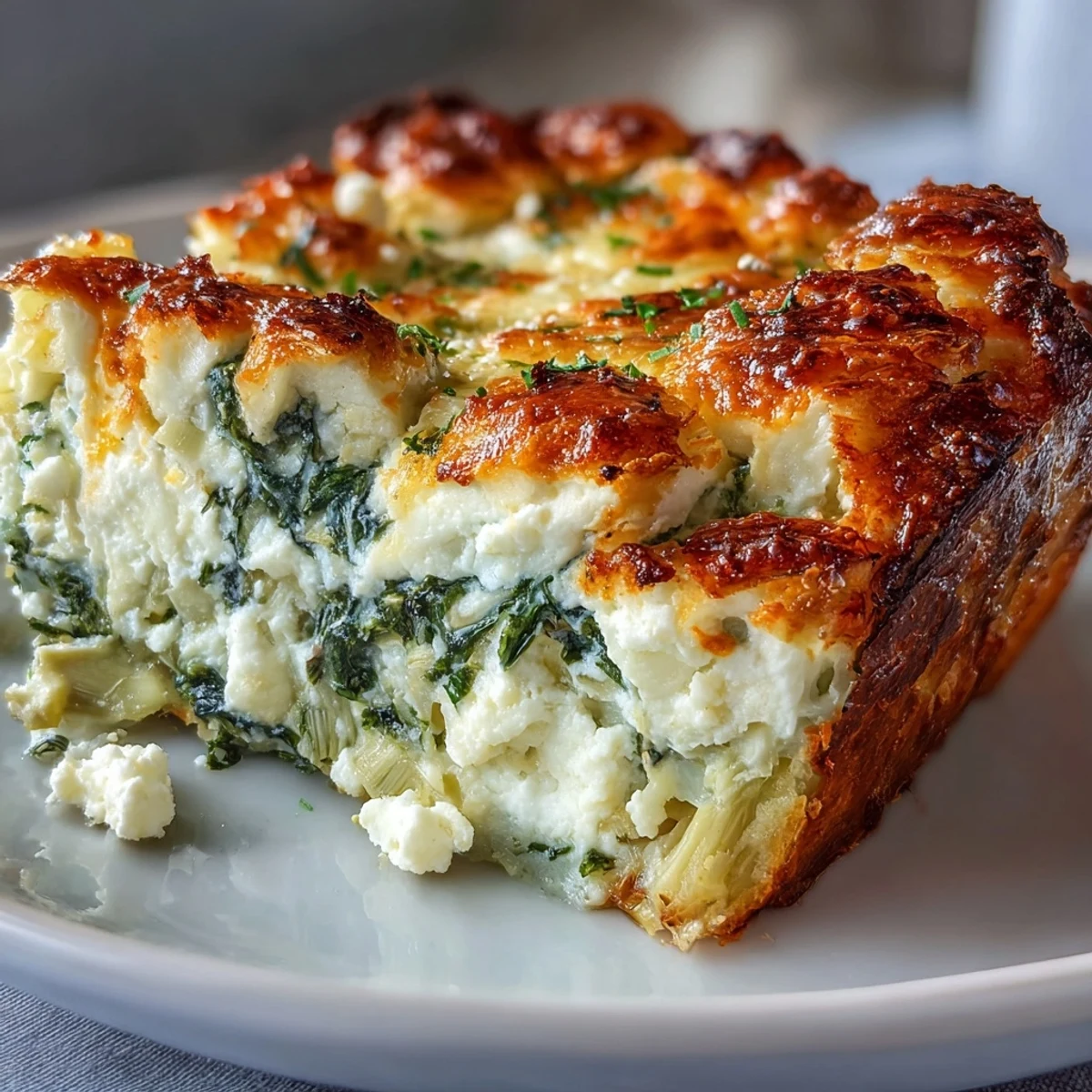 Freshly baked High Protein Spinach Artichoke Bake with a golden, bubbly feta topping served in a ceramic dish.