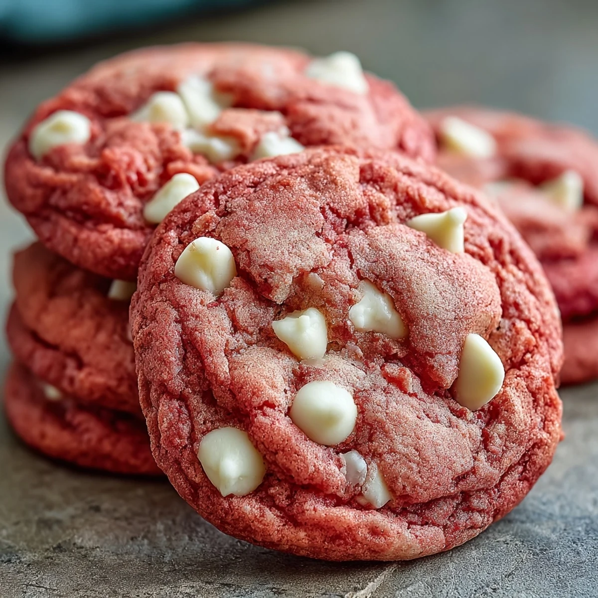Freshly baked Pink Velvet Cookies with vibrant pink hue and creamy white chocolate chips on a cooling rack.