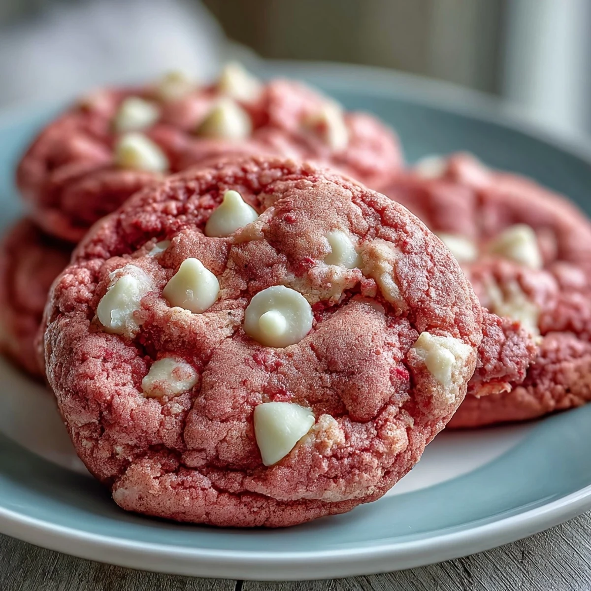Close-up view of homemade Pink Velvet Cookies featuring gooey white chocolate chips and soft centers.