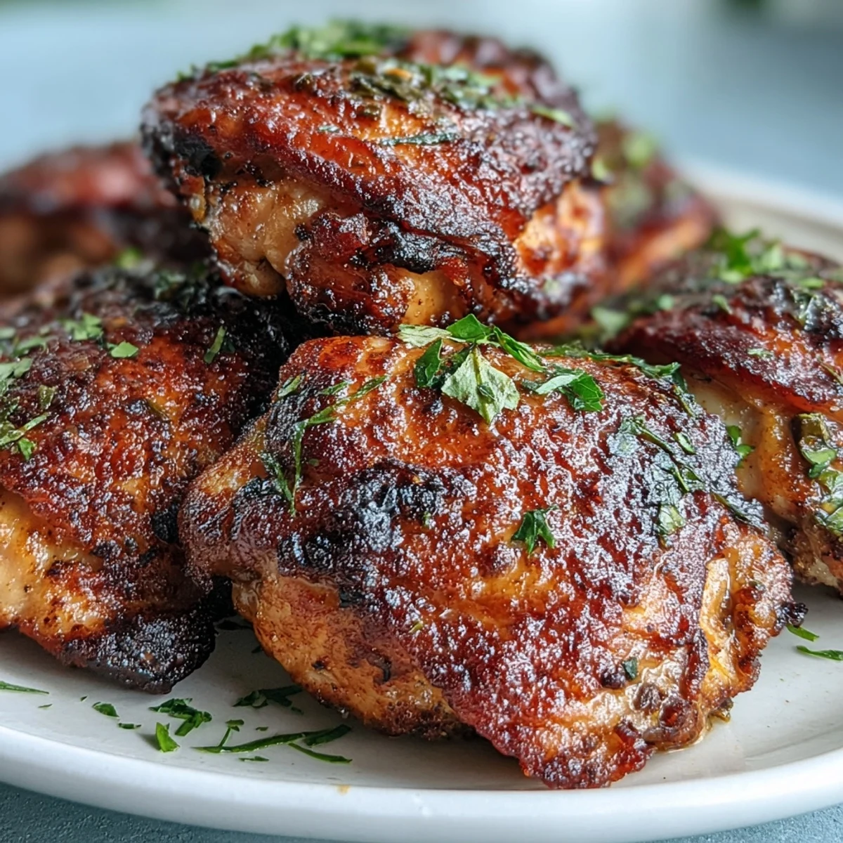 Golden, crackling skin on Crispy Baked Bone-In Chicken Thighs fresh from the oven.