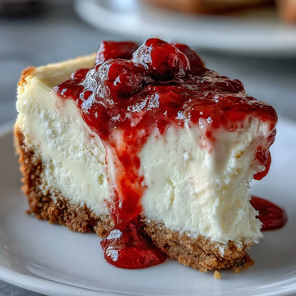 Decadent White Chocolate Raspberry Cheesecake Bliss with a rich graham cracker crust.