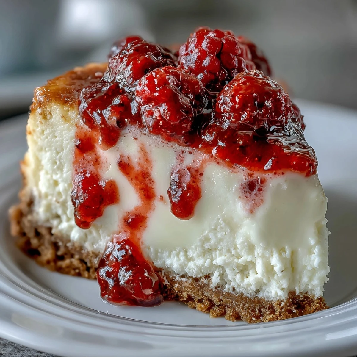 Smooth cheesecake topped with vibrant raspberry swirls on a white plate.