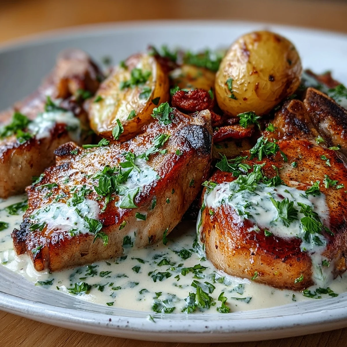 Slow-cooked Crockpot Ranch Pork Chops with creamy gravy over tender potatoes and carrots, served in a white bowl.