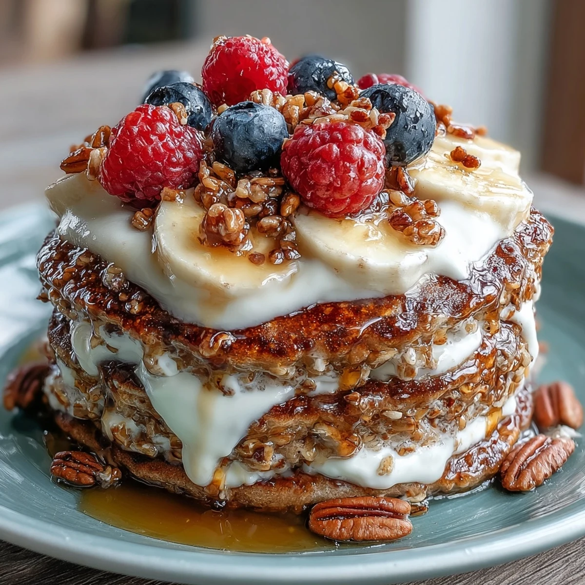 A warm Protein Pancake Bowl filled with creamy Greek yogurt, fresh berries, chopped nuts, and a honey drizzle.