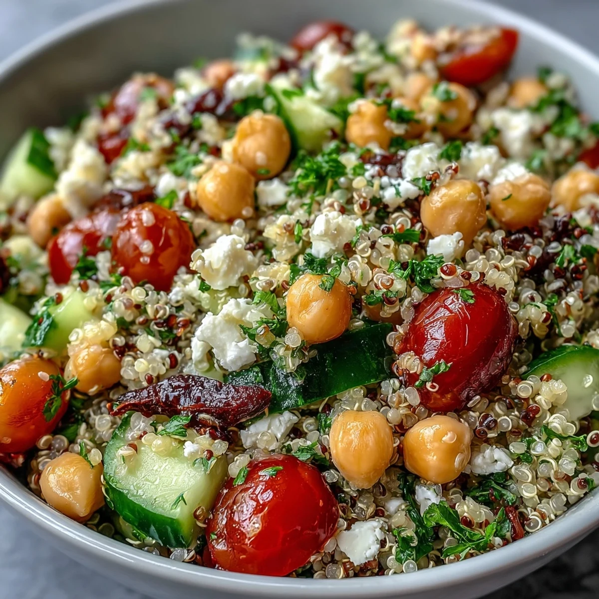Freshly cooked quinoa and chickpeas are tossed with crisp cucumber, sweet cherry tomatoes, and creamy feta in a vibrant bowl.