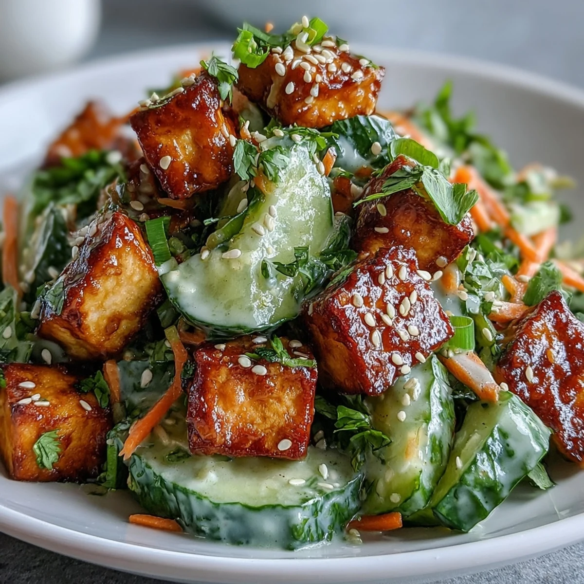 A close-up view of Creamy Asian Cucumber Salad with Crispy Tofu showing creamy sesame dressing drizzled over crunchy cucumbers.