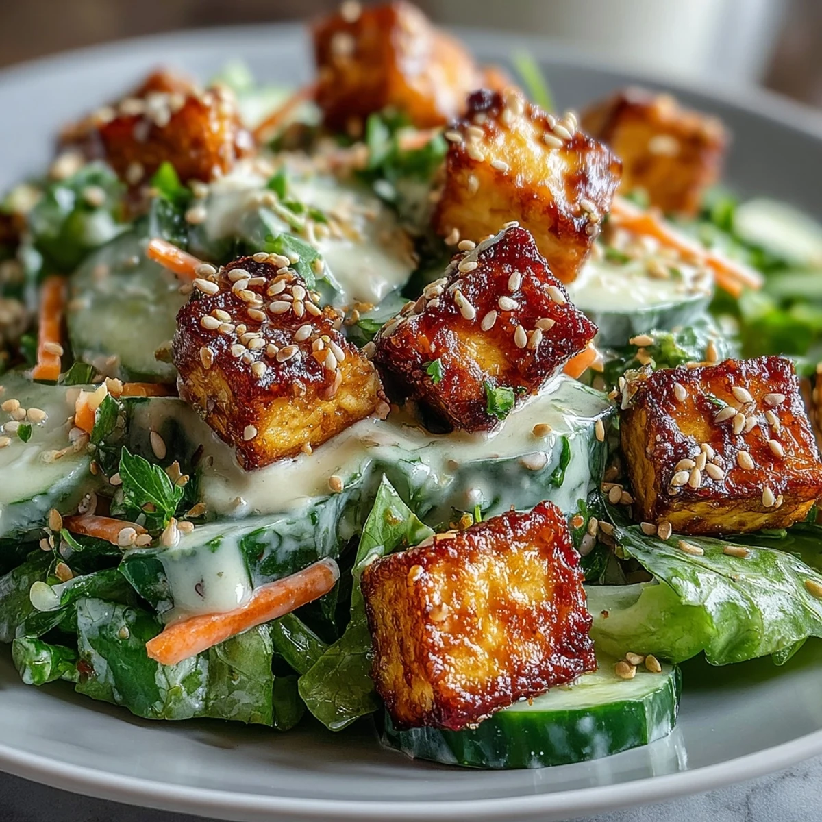 Spoon lifting a bite of Creamy Asian Cucumber Salad with Crispy Tofu from a vibrant lunch bowl, garnished with sesame seeds.