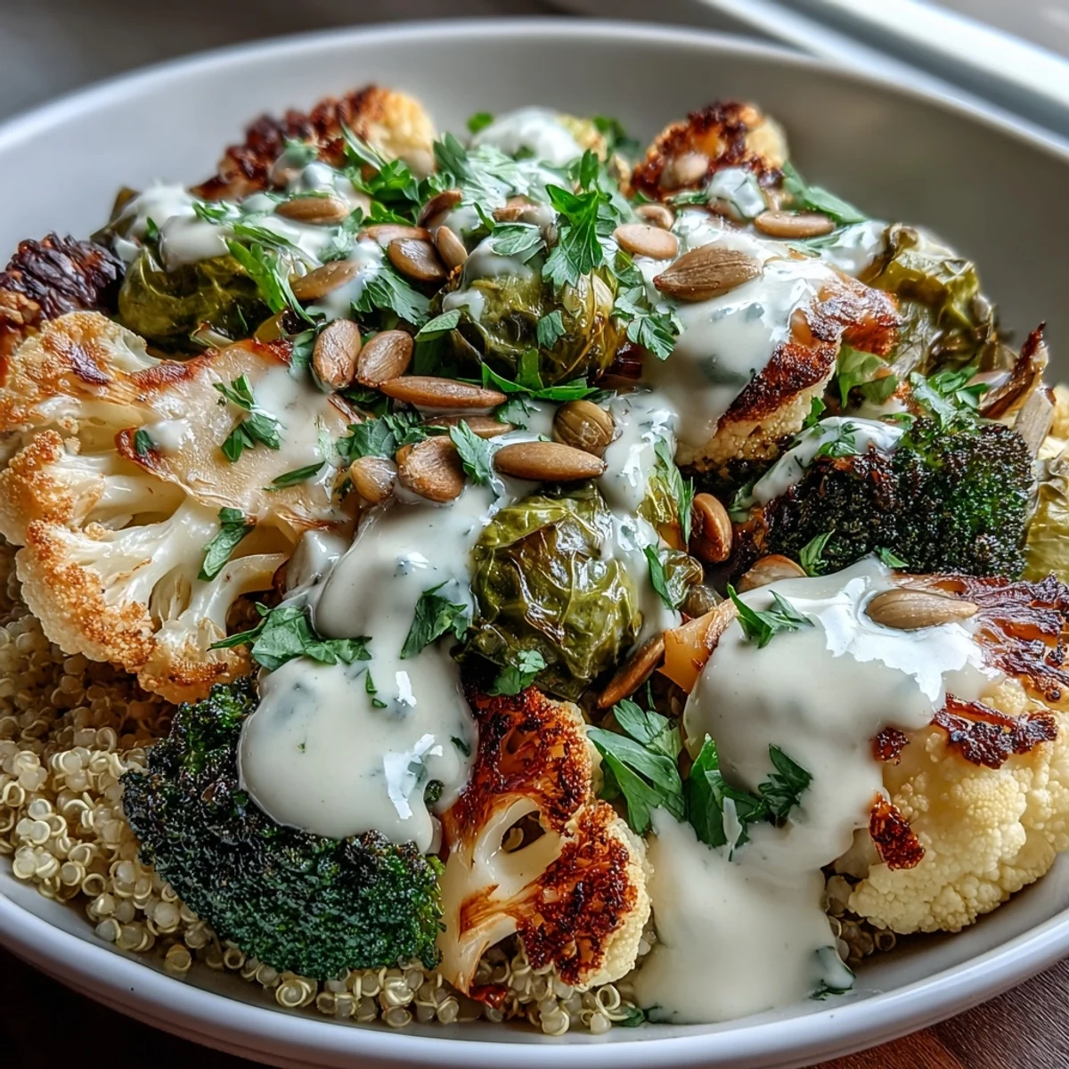 Roasted Brassica Bowl with charred broccoli, cauliflower, and Brussels sprouts over fluffy quinoa, drizzled with creamy tahini-lemon dressing.