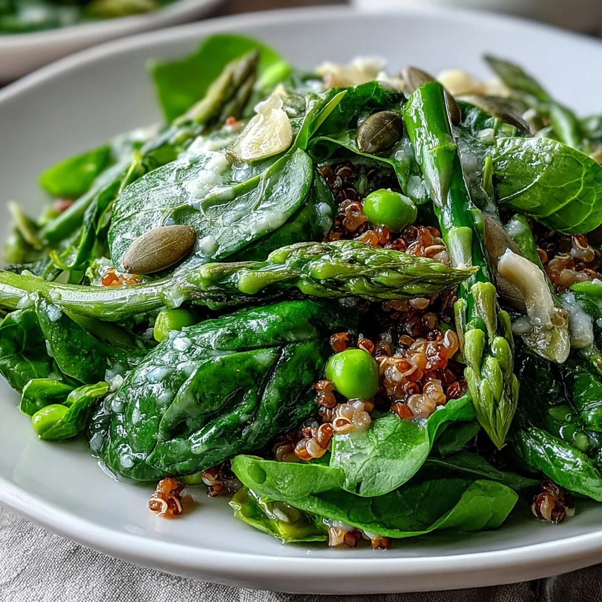 Spring Green Bowl with quinoa, peas, asparagus, and green beans, drizzled with lemon dressing and topped with feta.