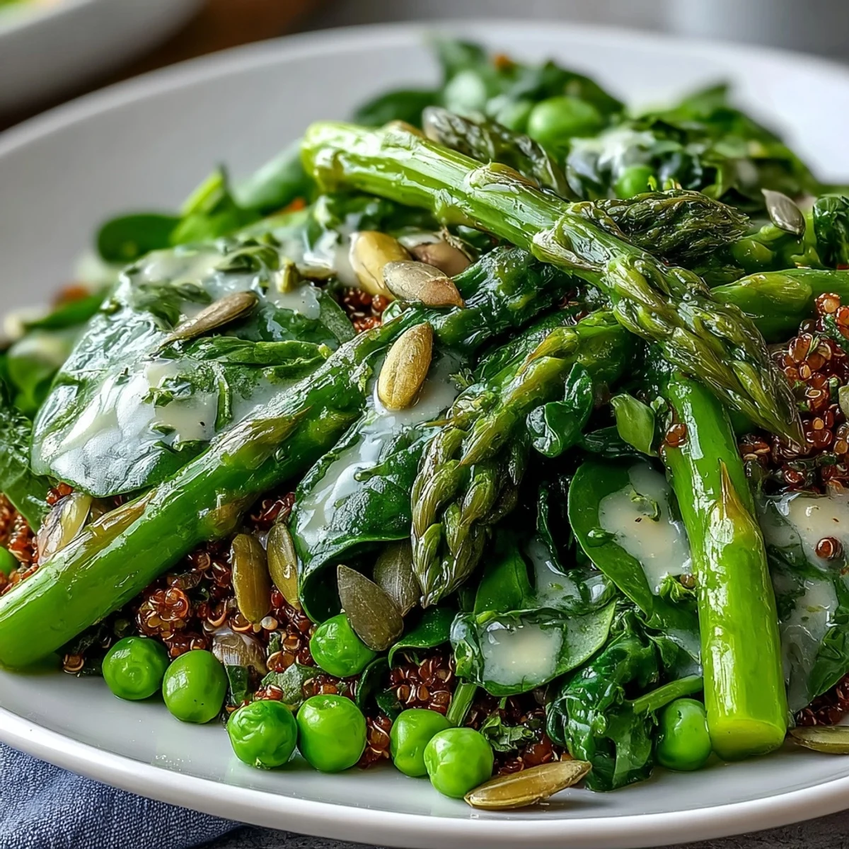 A vibrant Spring Green Bowl featuring blanched spring vegetables and grains, garnished with fresh herbs and toasted seeds.