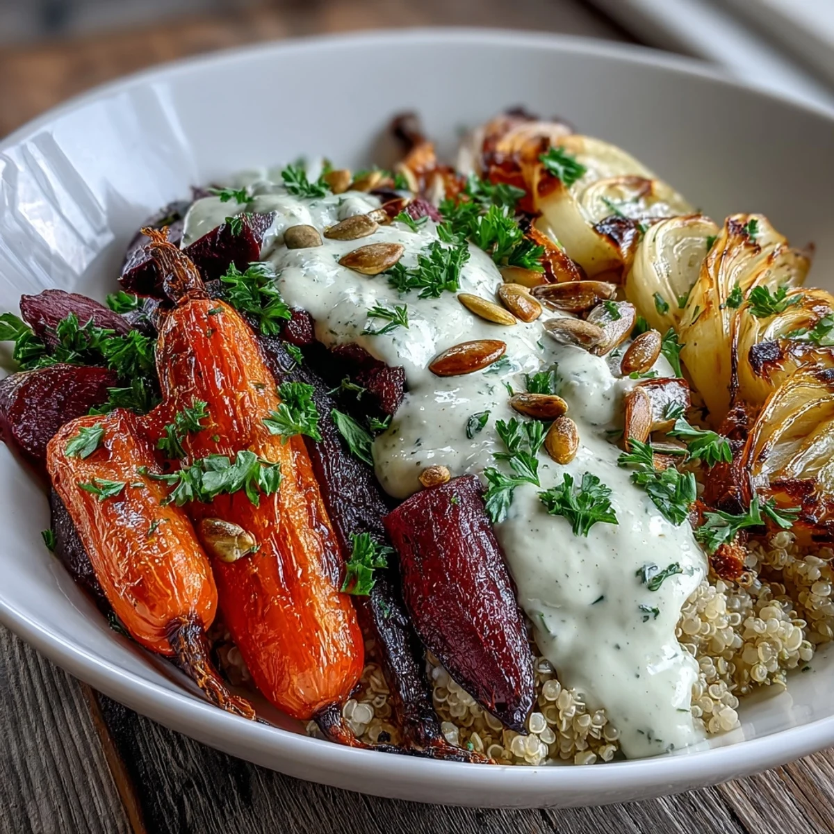 Golden roasted carrots, beets, and parsnips fill a bowl of fluffy quinoa for a warm Roasted Root Vegetable Bowl.