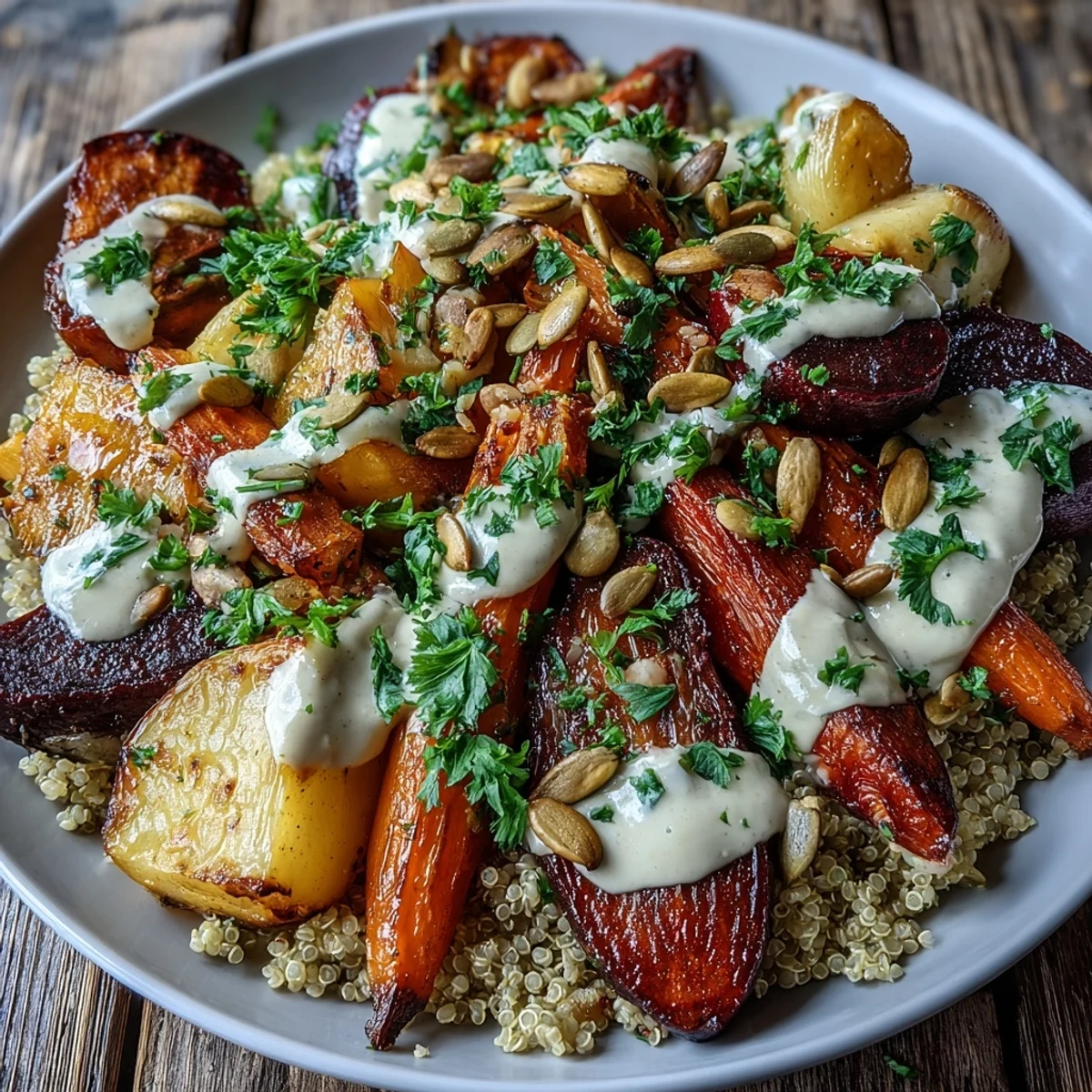 Caramelized root vegetables with fresh parsley and pumpkin seeds top quinoa in this healthy Roasted Root Vegetable Bowl.