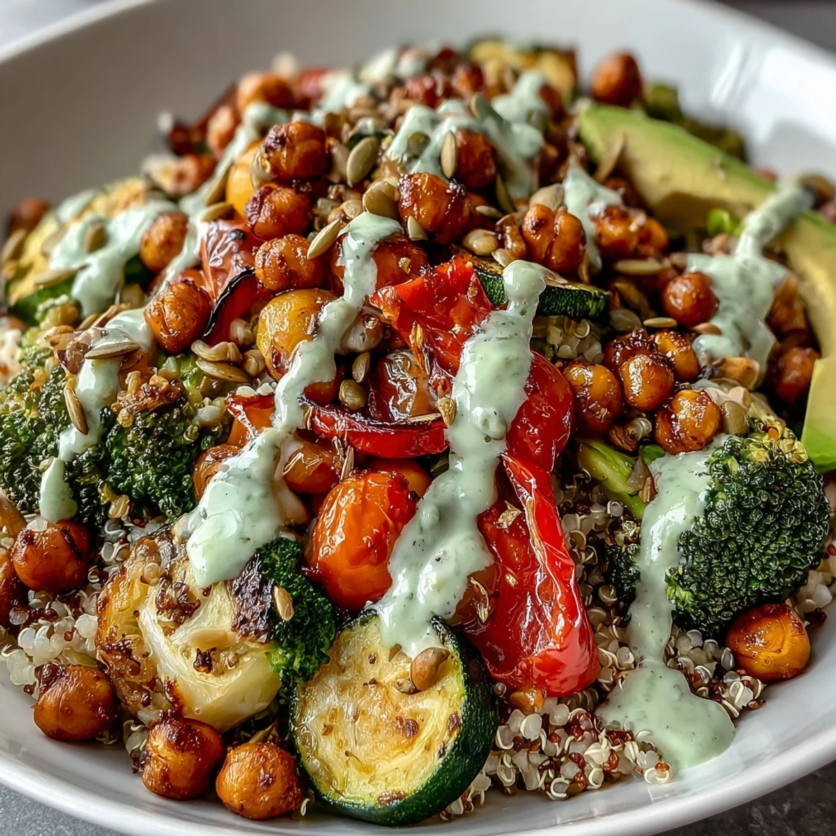 Savory roasted vegetables and warm lentils fill this wholesome Vegetable and Legume Bowl, garnished with pumpkin seeds and fresh parsley for a nourishing dinner.