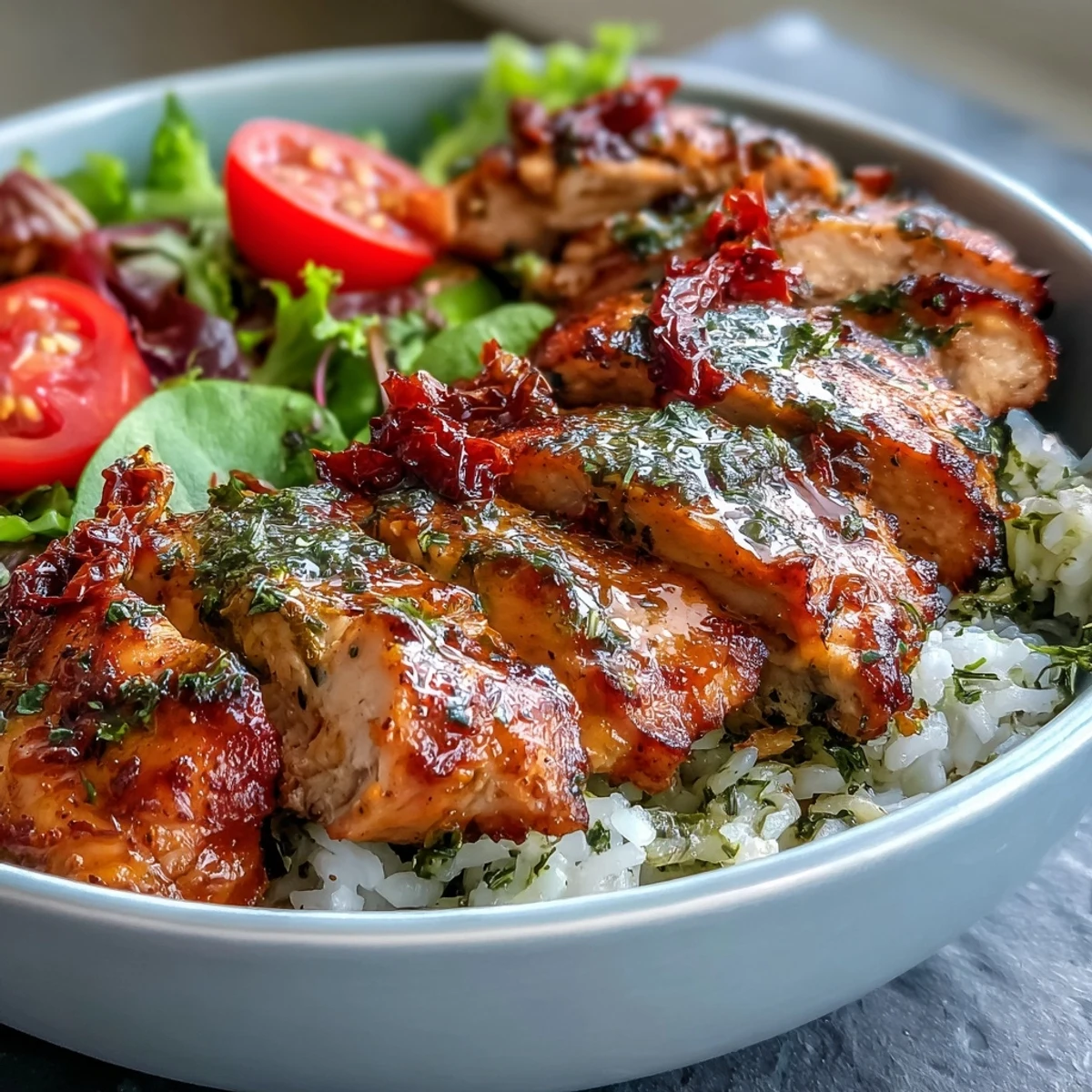 Sun-Dried Tomato Chicken Bowl with sliced grilled chicken, fluffy rice, crisp greens, and cherry tomatoes on a plate.