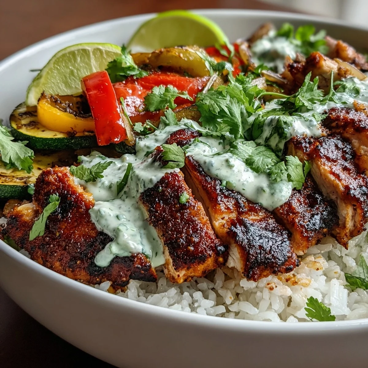 Golden-brown blackened chicken breast slices rest on fluffy white rice surrounded by colorful sautéed peppers and zucchini, finished with a lime crema drizzle.
