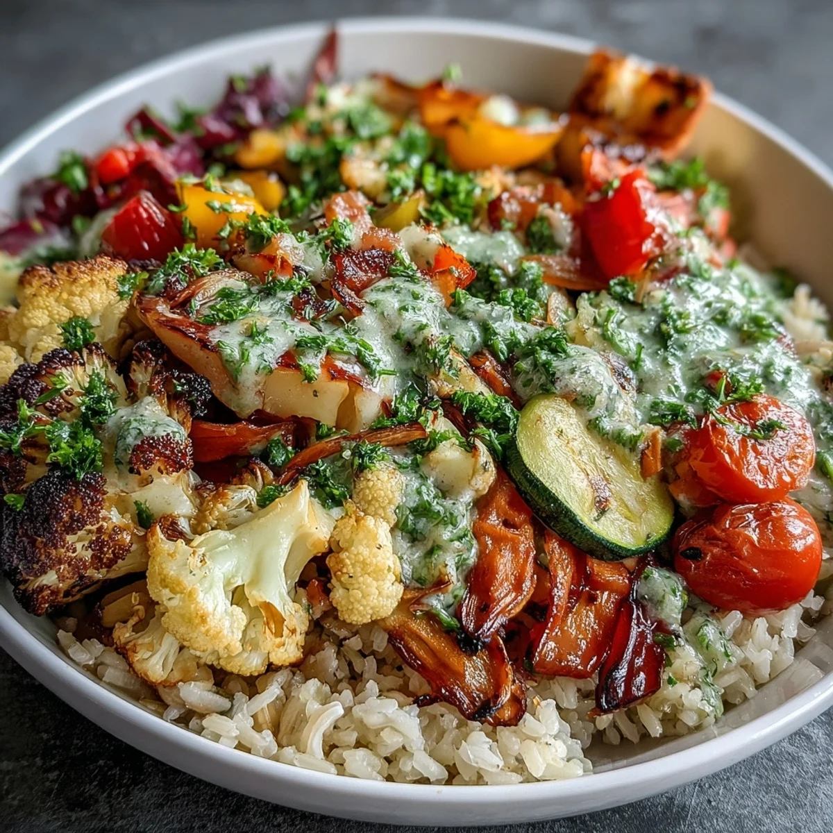Rainbow Roasted Vegetable Bowl served warm with zucchini, carrots, and purple cauliflower, drizzled with vibrant green herb dressing.