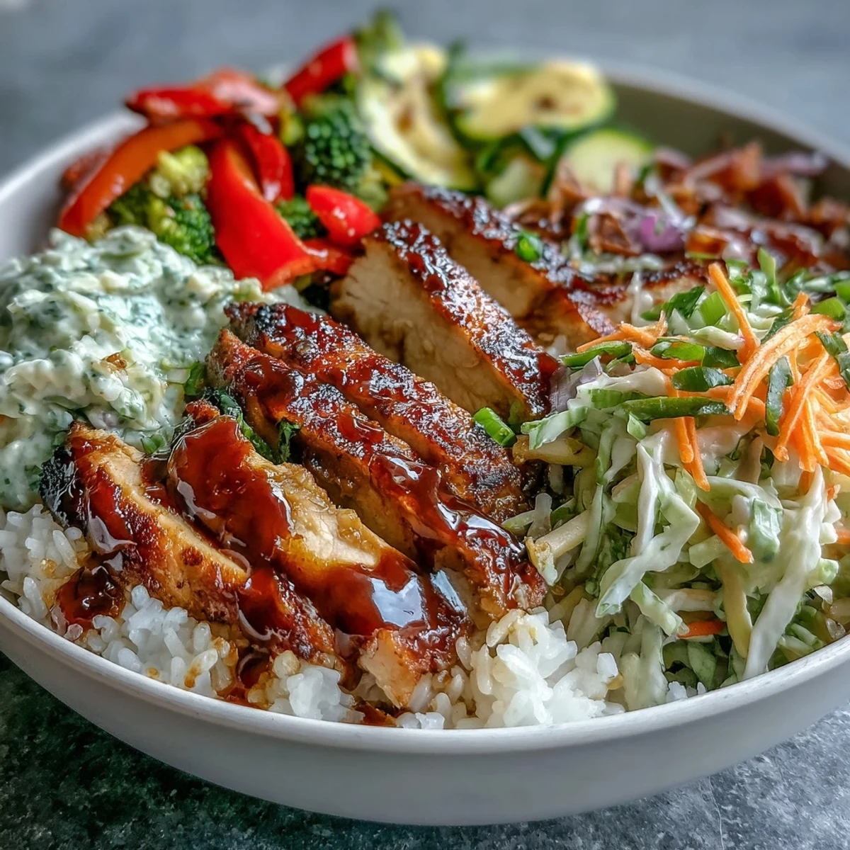 A hearty BBQ Chicken Bowl featuring tender glazed chicken, fresh coleslaw, and roasted veggies over steamed rice for dinner.