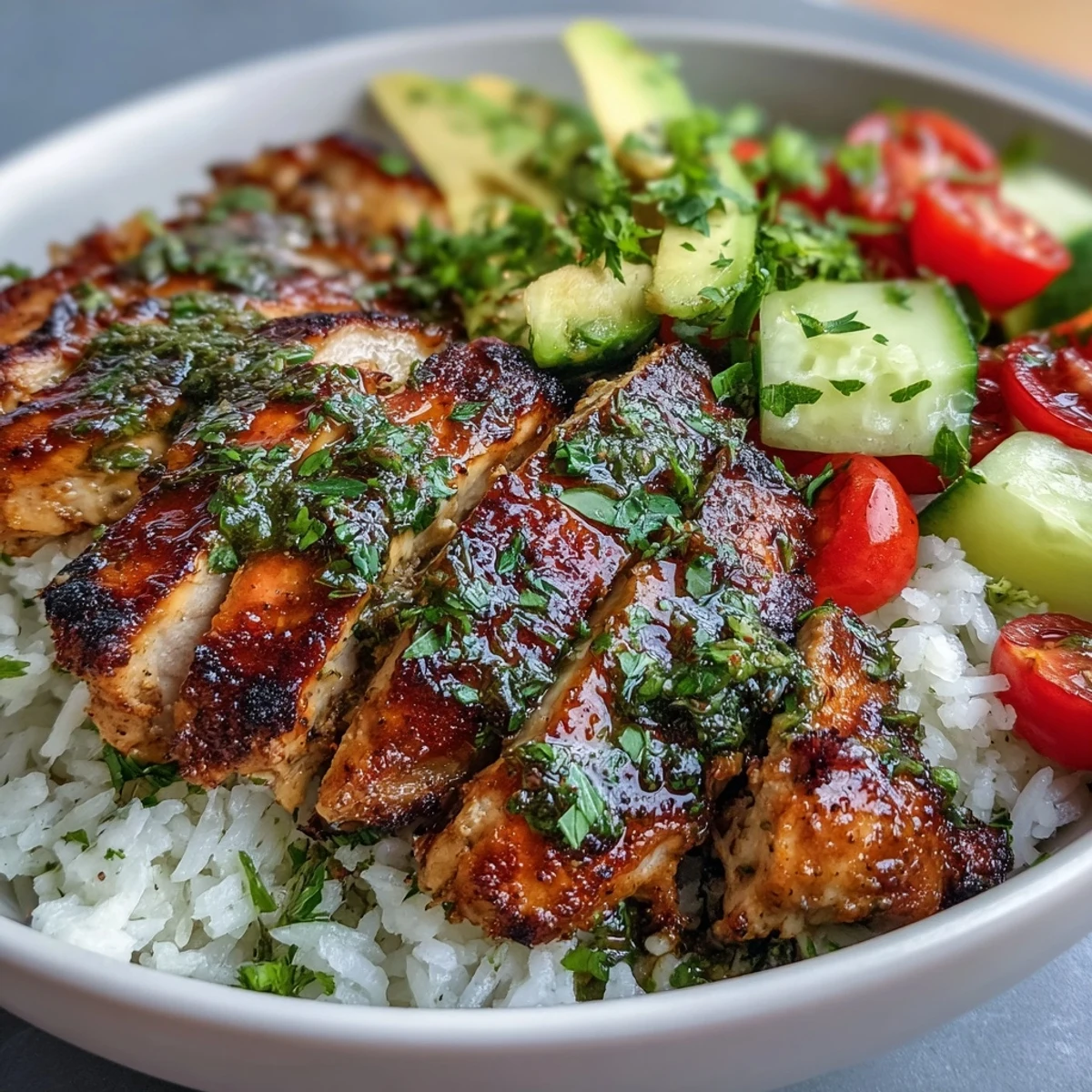 A close-up shows chopped herbs in the zesty chimichurri sauce drizzled over a hearty Chimichurri Chicken Bowl with diced cucumber and red onion.