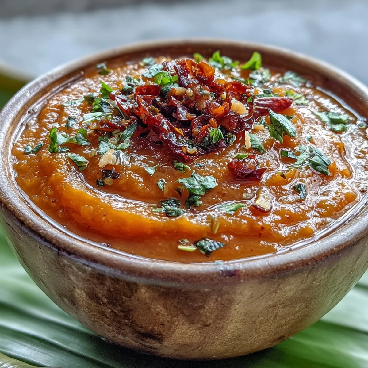 Close-up of homemade Guava Chutney garnished with curry leaves, offering a sweet and tangy vegan condiment for Indian meals.