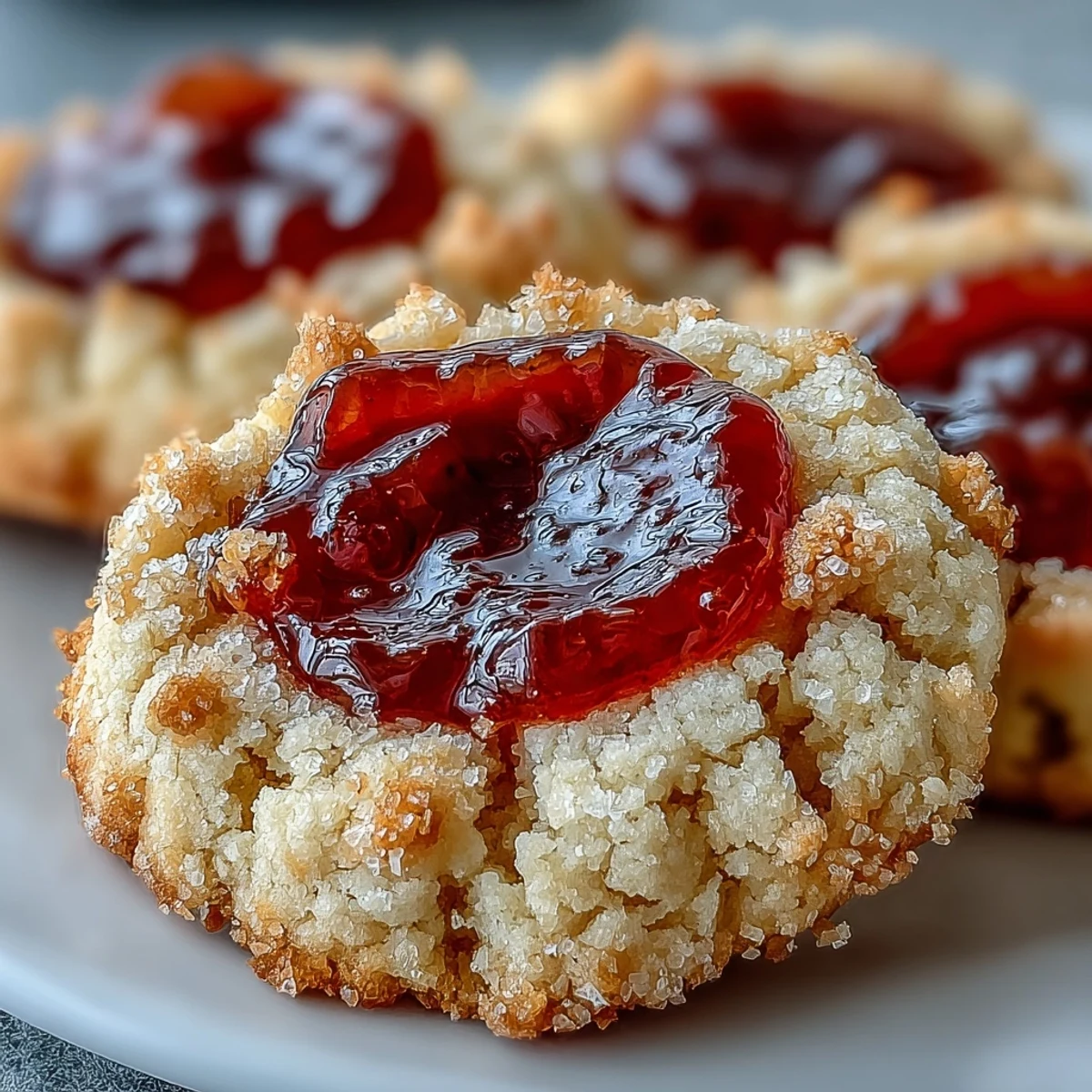Golden-baked Guava Jam Thumbprint Cookies with a sticky, vibrant pink center are arranged on a cooling rack.