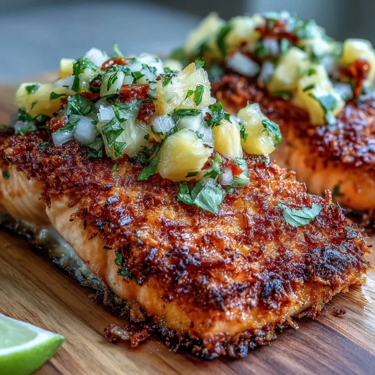 Golden brown, crispy Coconut Crusted Salmon fillets topped with fresh pineapple salsa and lime wedges on a rustic plate.